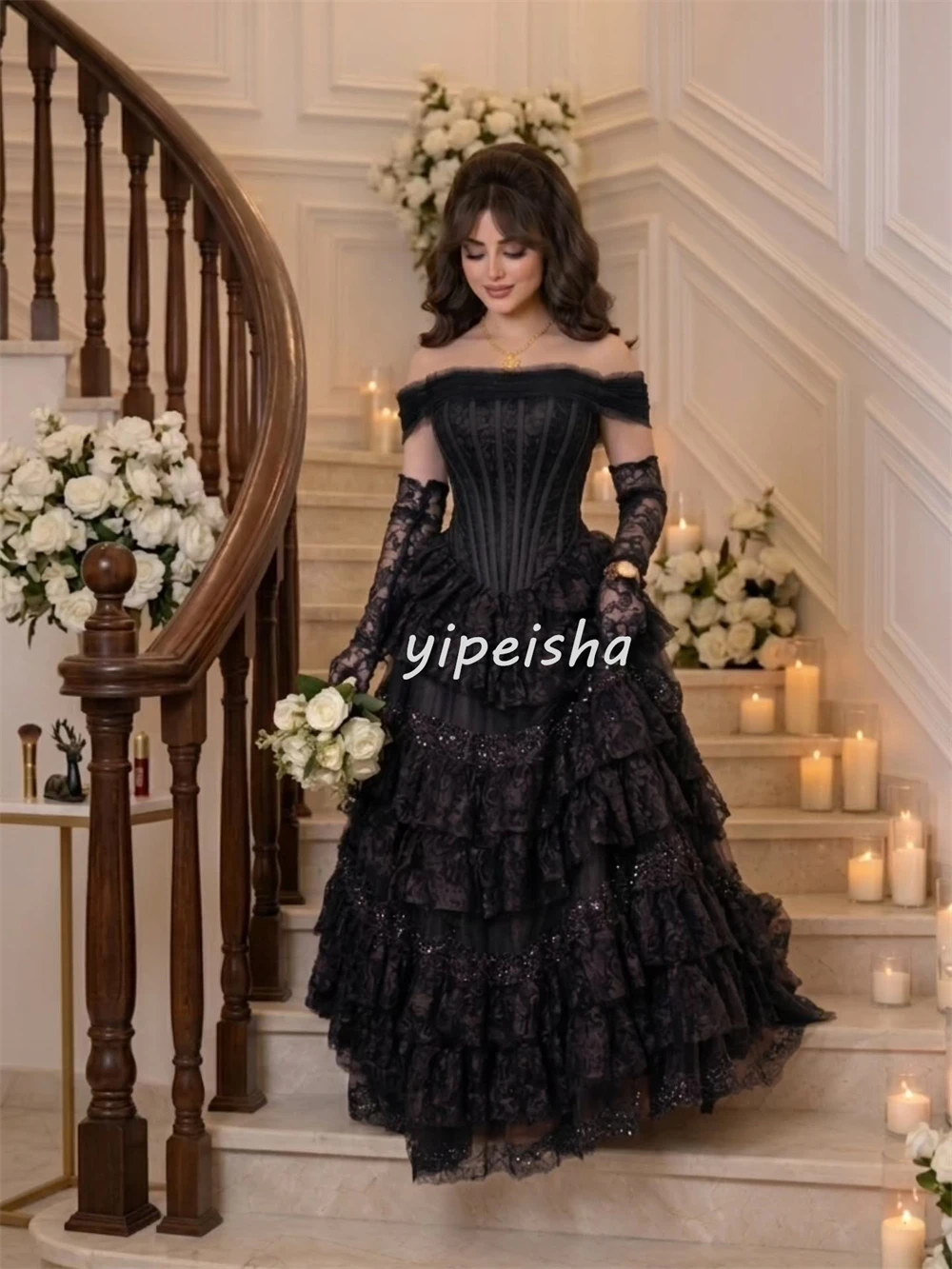 Customized Exquisite Women Tulle Sequined Lace A-Line Evening Dresses Modern Style Off-the-shoulder Sleeveless Long Party Gowns image 3