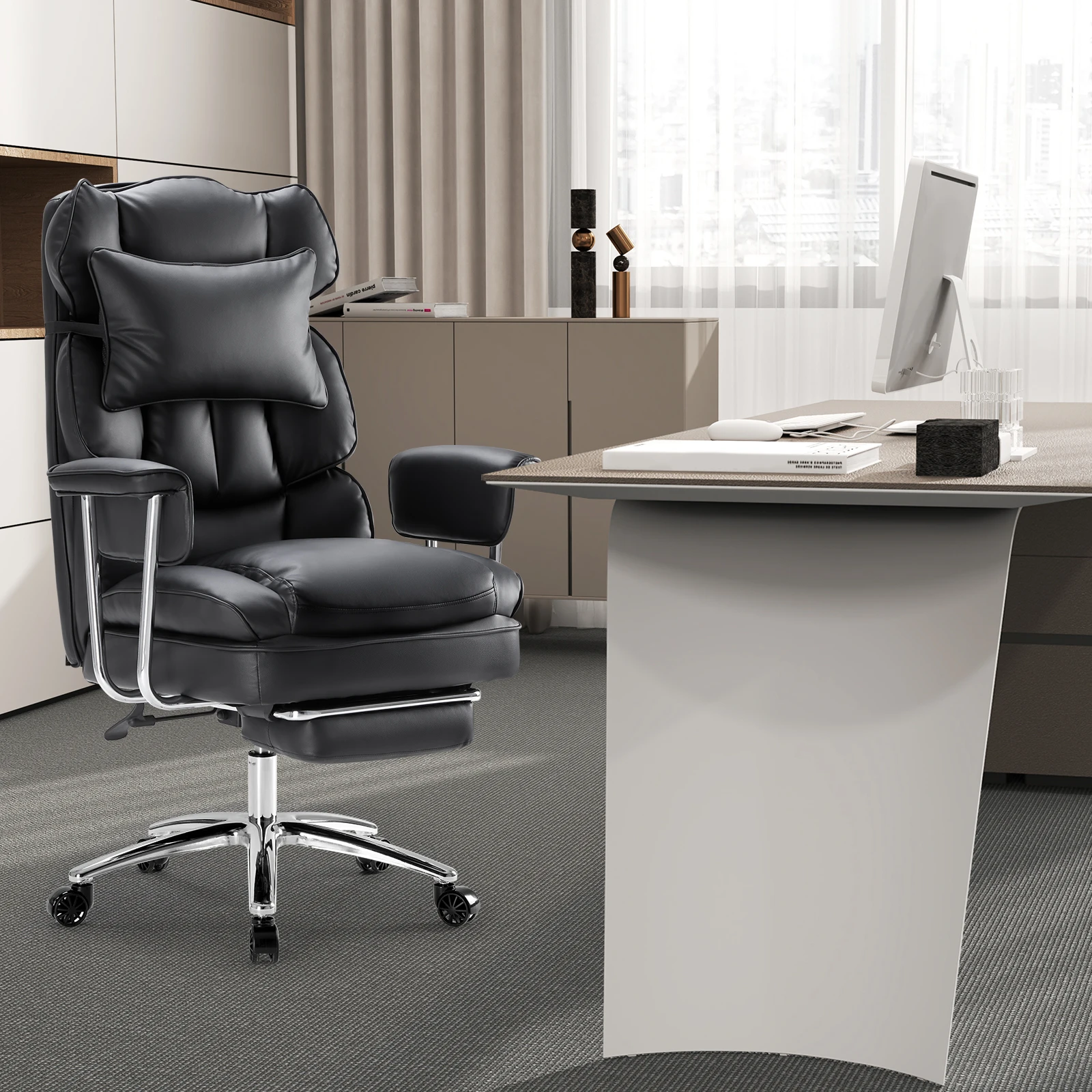 JHK PU Leather Ergonomic Office Computer Desk Chair High Back with Footrest Lumbar Support Height Adjustable For Home Office