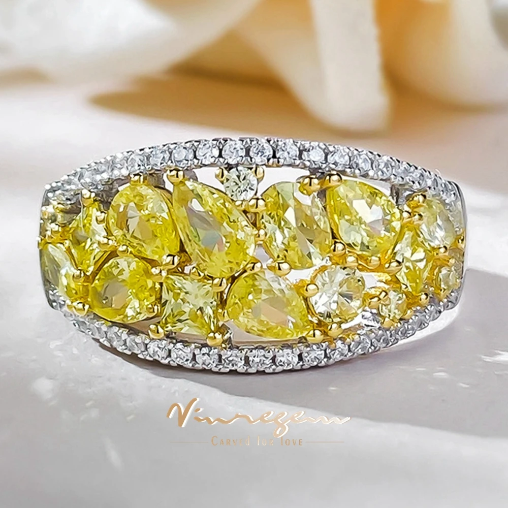 Vinregem Citrine High Carbon Diamond Gemstone Cocktail Party Ring For Women 100% 925 Sterling Silver Fine Jewelry Gift Wholesale