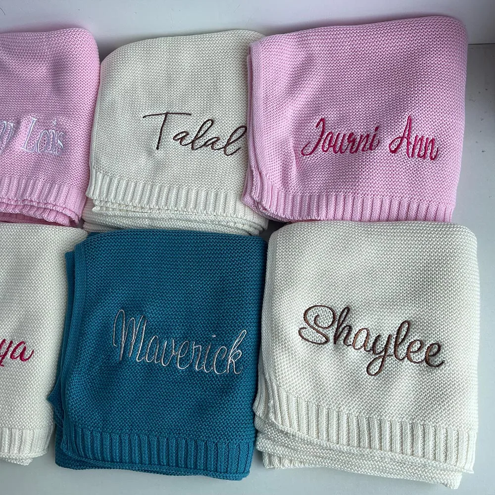 Embroidered Name Stroller Blanket, Personalized Soft Breathable Cotton Knitted Blanket, Newborn Baby Gift, Baby Shower