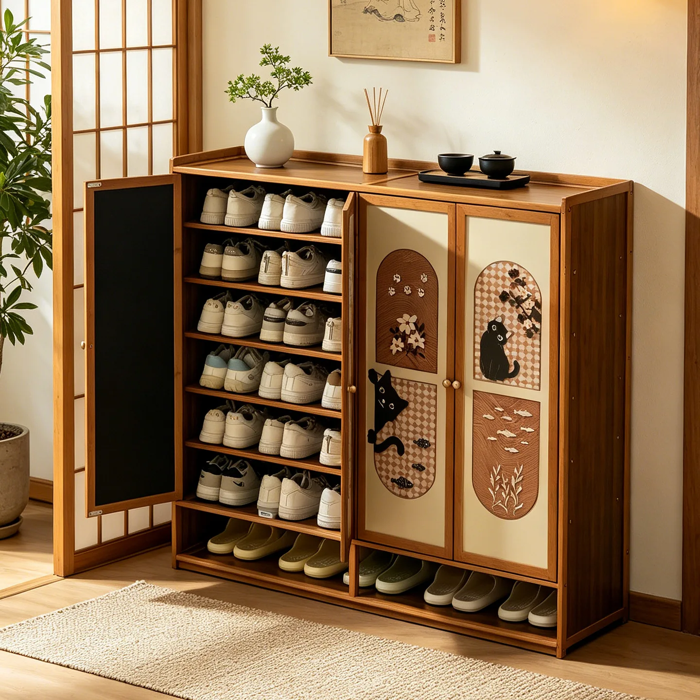 Retro style bamboo shoe cabinet, wall mounted large capacity dust-proof shoe cabinet, household multi-layer storage cabinet