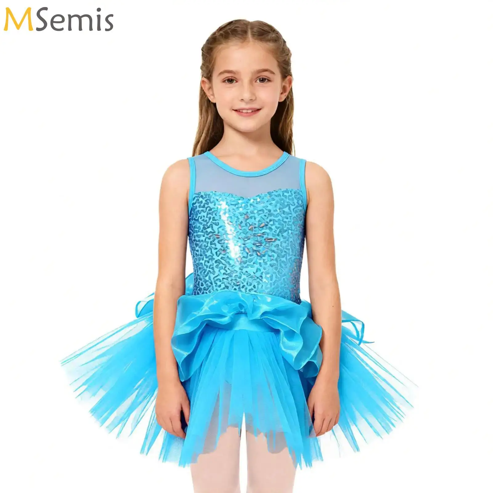 

Kids Girls Tutu Ballet Dance Dress Sleeveless Sequins Gymnastics Leotard Dress Modern Latin Jazz Dancing Performance Clothes