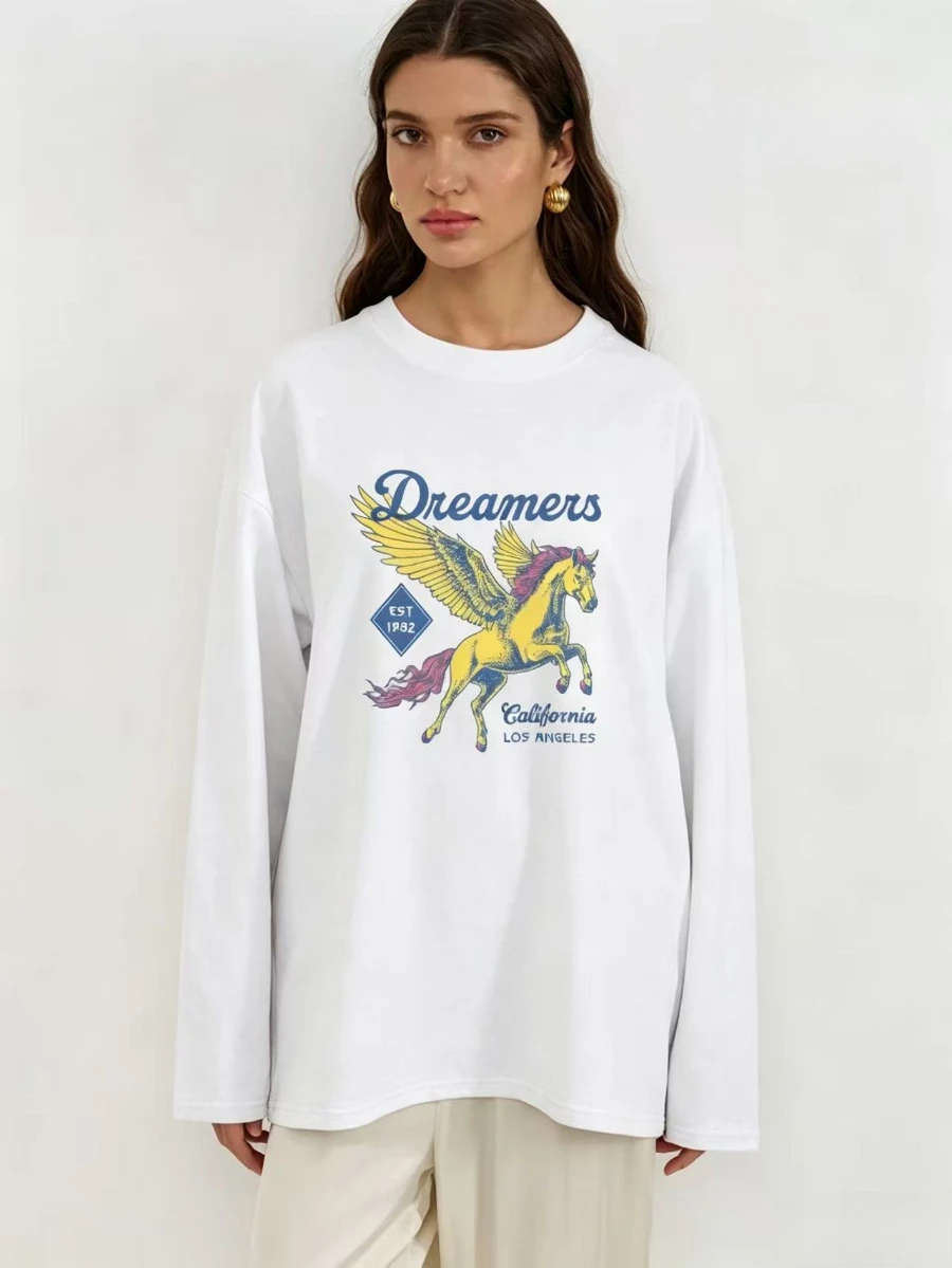 Women's 100% Cotton Long Sleeve T Shirt Early Autumn New Vintage Dreamers Pegasus Print Loose Fit Casual Chic Daily Basic Top