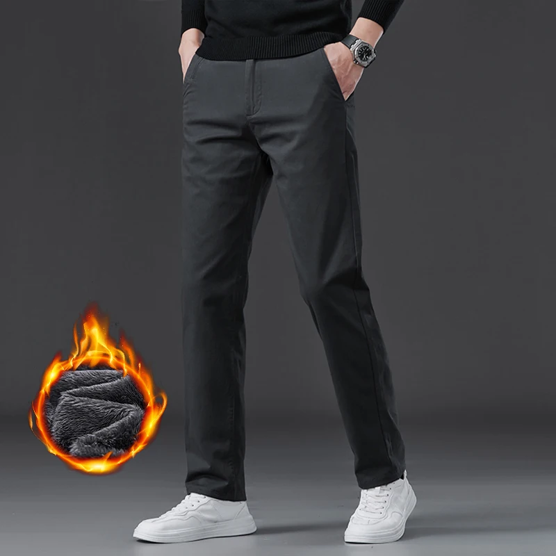 الصوف الرجال السراويل المستقيمة شتاء جديد دافئ الأعمال عادية بلون السراويل الكلاسيكية أفخم سميكة المخملية الذكور السراويل