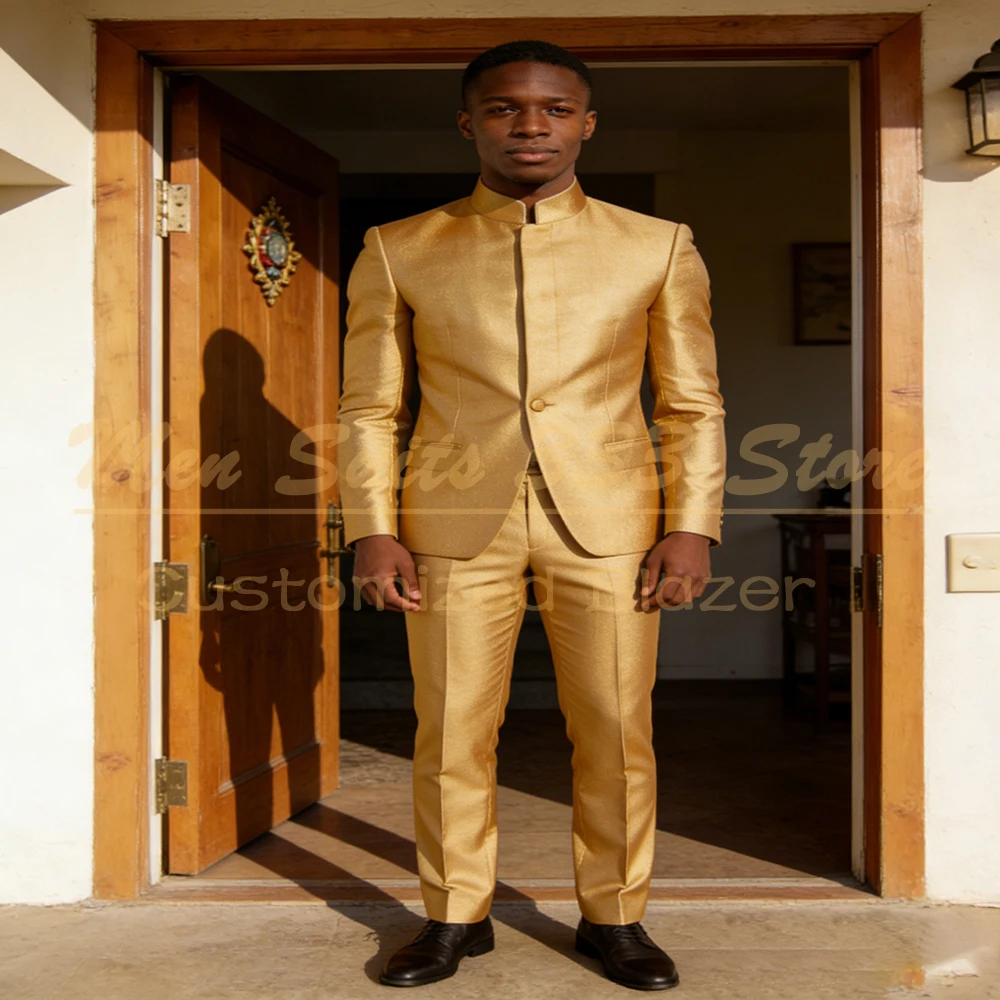 

Роскошные африканские мужские золотые костюмы: элегантный пиджак и брюки для выпускного вечера, модный комплект из 2 предметов, пошитый на заказ