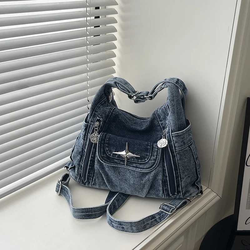 Grunge Washed Denim Hobo Bag Women Star Hardware Decor Large Crossbody Shoulder Bag Y2K Streetwear Daily Handbag
