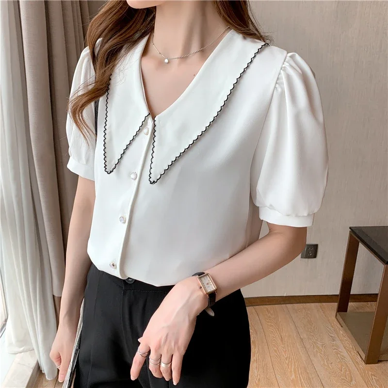 Sommer Weiß Chiffon Shirts Frauen 2024 Mode Puff Sleeve Button Up Hemd Schlank Elegante Koreanische Französisch Damen Büro Tops Mujer