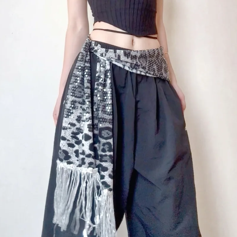 Sciarpa in vita per danza jazz bohémien, tenda personalizzata con paillettes con stampa leopardata, tenda scoreggia, tendenza per danza di strada, vestito in vita per danza del ventre Nuovo