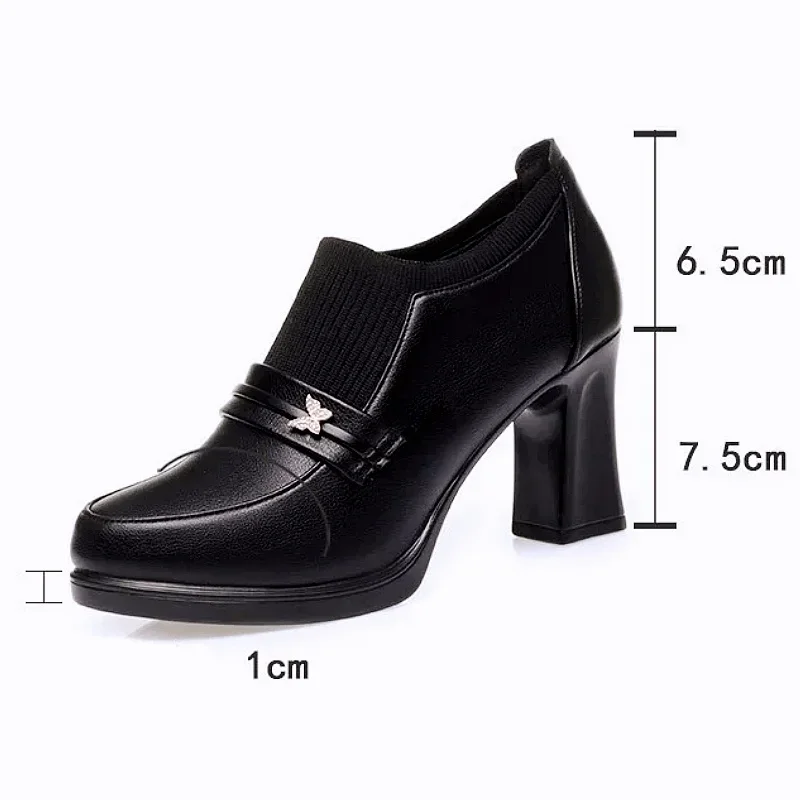 5.5cm 7.5cm Comfortable Black Butterfly Flexible Platform Pumps Women 2024 Spring Block High Heels Shoes for Office Model Mom