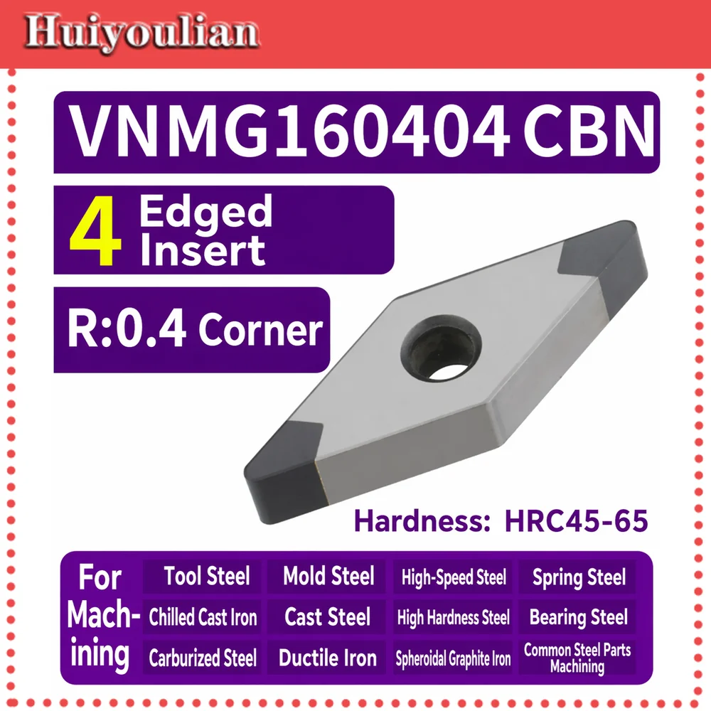 VNMG CBN Insert R0.4-0.8 4 Edges CNC Turning Tool for Hardened Steel HRC45-65 Bearing Die Steel