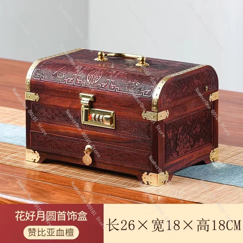 Redwood Jewelry Box with Combination Lock, Rosewood Solid Wood Jewelry Storage Box, High-End Jewelry Box with Retro Design