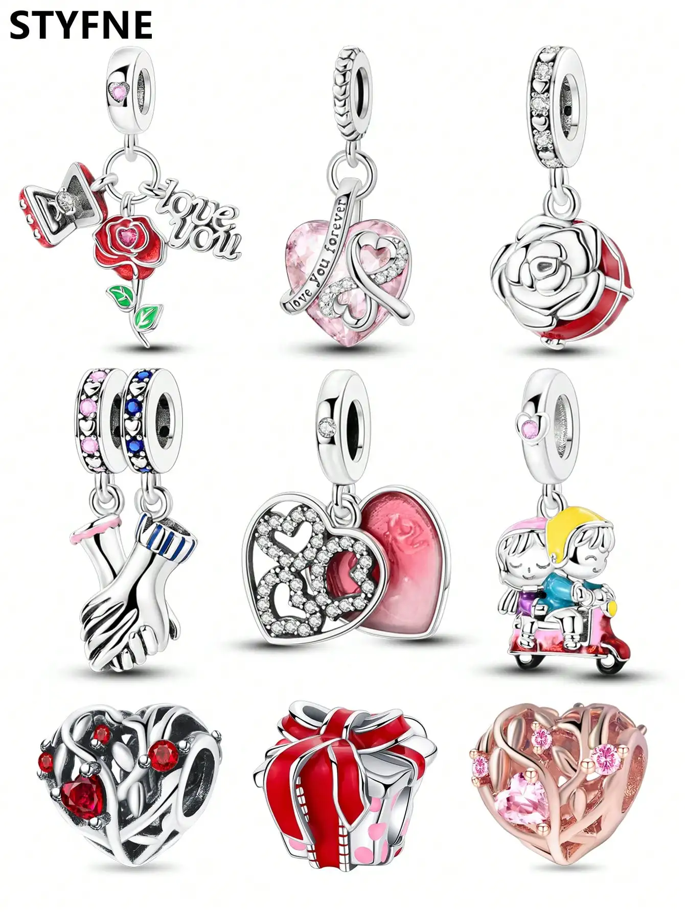 925er Silber vergoldet, Original-Charms, Valentinstag, Liebe, Rosen, Perlen, passend für Armbänder, Damenschmuck, Geschenk