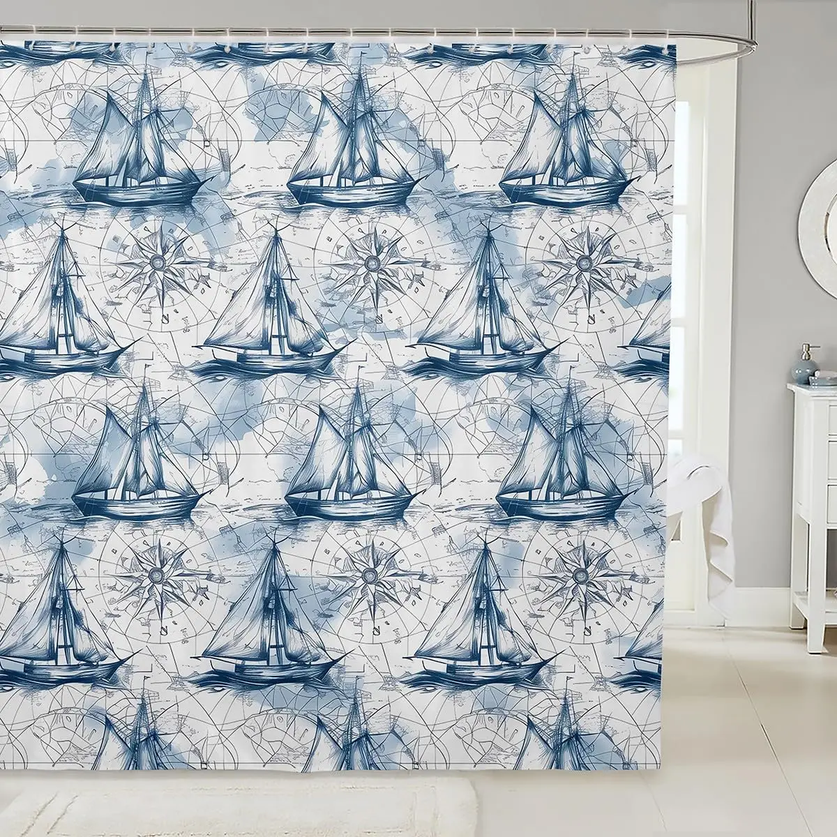 Decorative Blue Nautical Shower Curtain World Map Sailing Ships Coastal Ocean Style Bathroom Decor 180x180cm