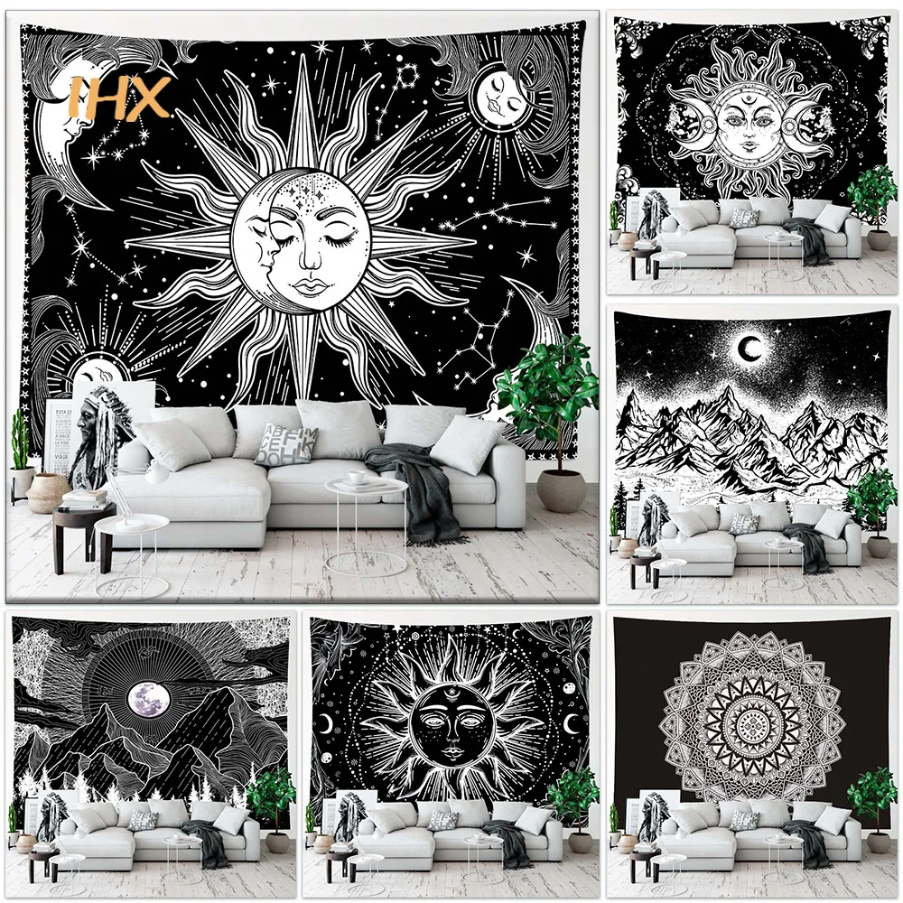 

White Black Sun Moon Mandala Starry Sky Tapestry Wall Hanging Bohemian Gypsy Psychedelic Tapiz Witchcraft Astrology Tapestry