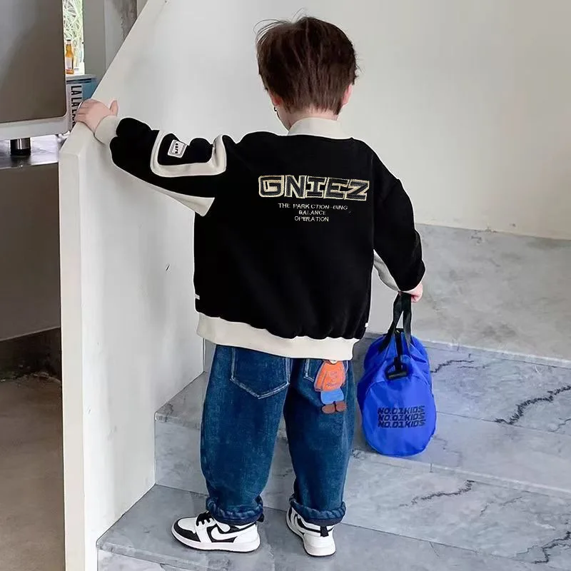 2026 New Spring Autumn Boys Kids Jacket Coat Black White Contrast Color  Letter Print Zipper Pockets  Casual Streetwear for 4-12