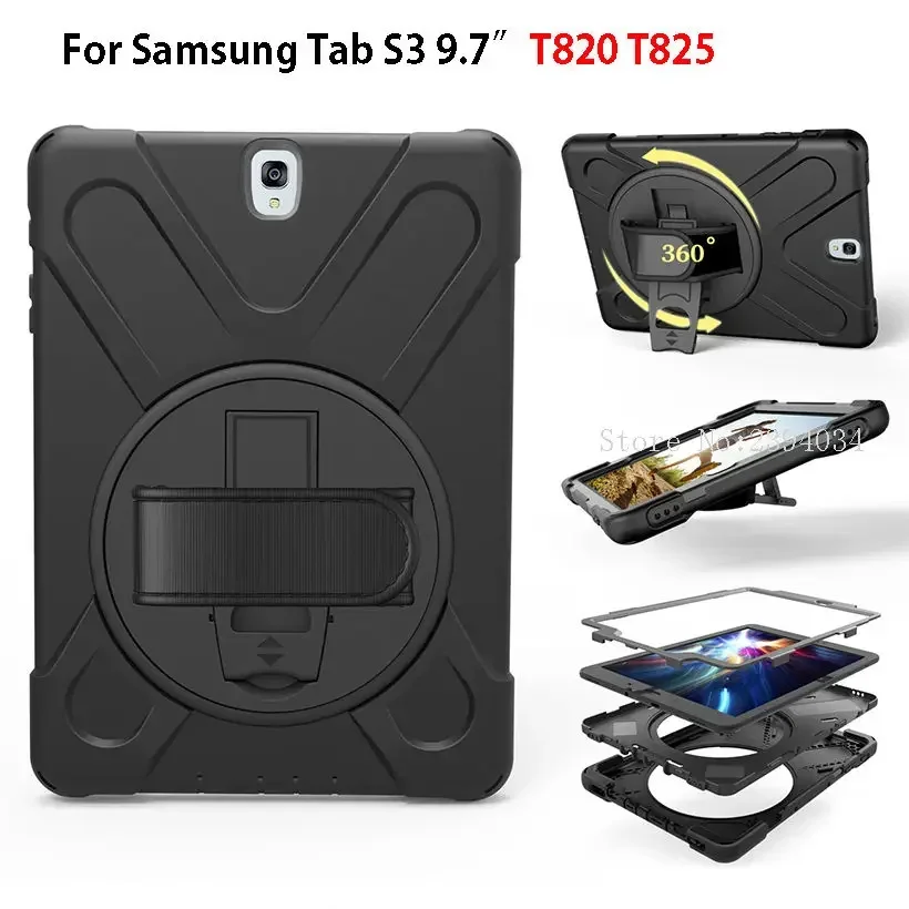 360 Rotate Hand Strap Case For Samsung Galaxy Tab S3 9.7 SM-T820 T825 Cover Funda Kids Safe Shockproof Heavy Duty Silicone Hard