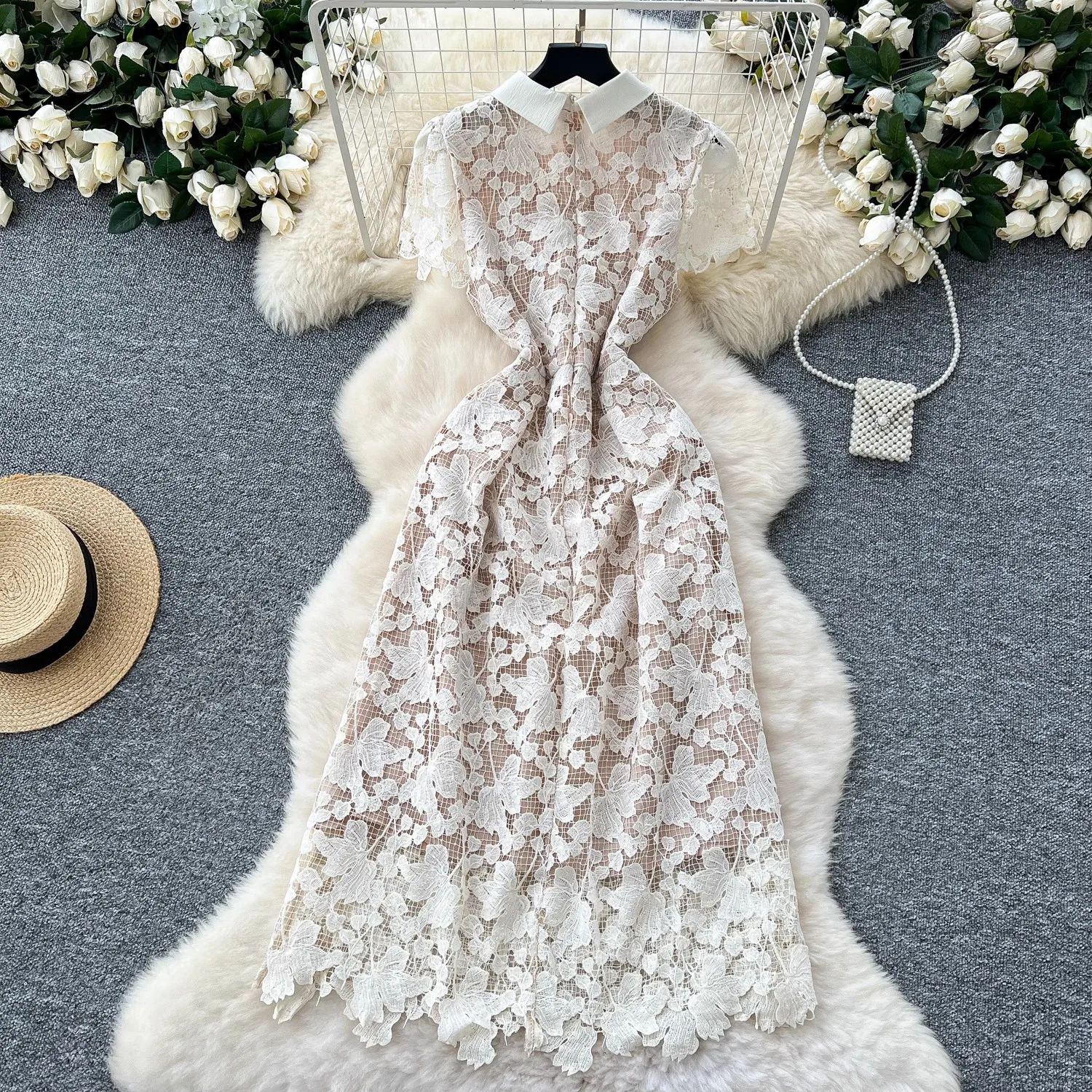 Elegant Designer Holiday Lace Prom Dress Women Short Sleeve Beaded Bow Embroidery Hollow Out Bodycon Evening Party Vestidos