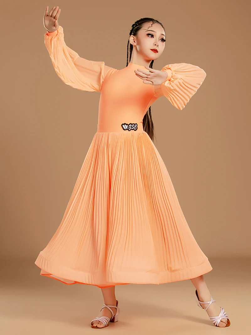 Kids Girls Waltz Tango Ballroom Dance Professional Dresses Girls Orange Latin Dance Dress Performance Modern Dancing Clothes