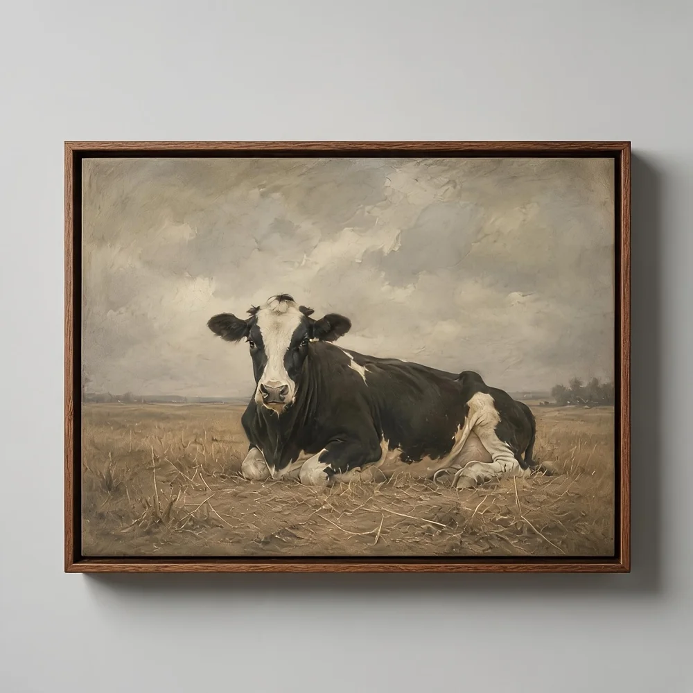 (No frame)2D Flat, Posters And Prints Vintage Muted Beige Canvas Wall Art Resting Black White Holstein Cow Dry Golden Grass F