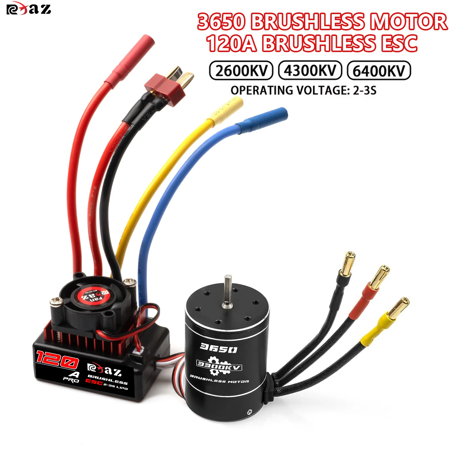 RCXAZ RC 120A Brushless ESC 3650 Motor 2600KV 4300KV 6400KV Brushless Combo 2-3S für 1/10 RC Offroad Truck Buggy Crawler Racing Arrma Traxxas HSP Redcat RC4WD SCX10 D90 Tamiya Axial HPI RC Truck