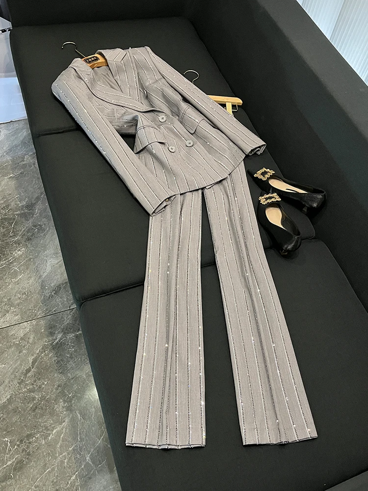 

Ey Heavy Embellied двубортный костюм и брюки комплект из двух предметов осень-зима Новое поступление женский премиум-класса Faion
