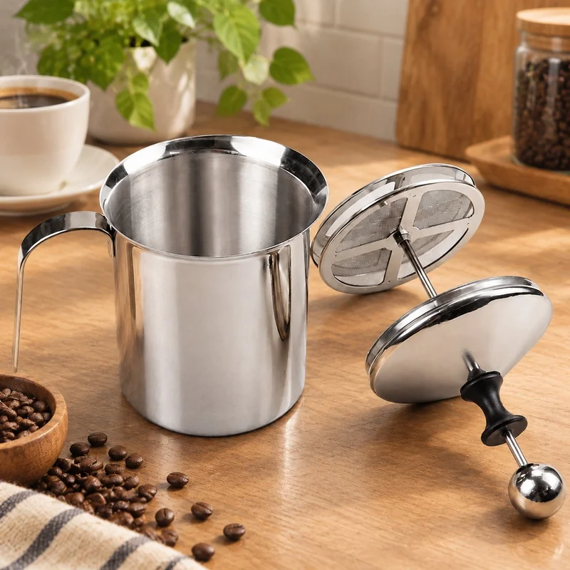 400ML Stainless Steel Frothing Pitcher with Double Mesh for Creamy Foam, Egg Whisking, and Coffee Mixing Tool