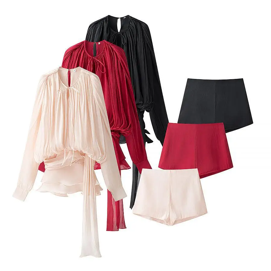 Doorschijnende mesh-jurk met klokmouwen en ingebouwde shorts Lente zwierige korte jurk Boheemse jurk met strikband Hoog-laag zoom 2025, zomer