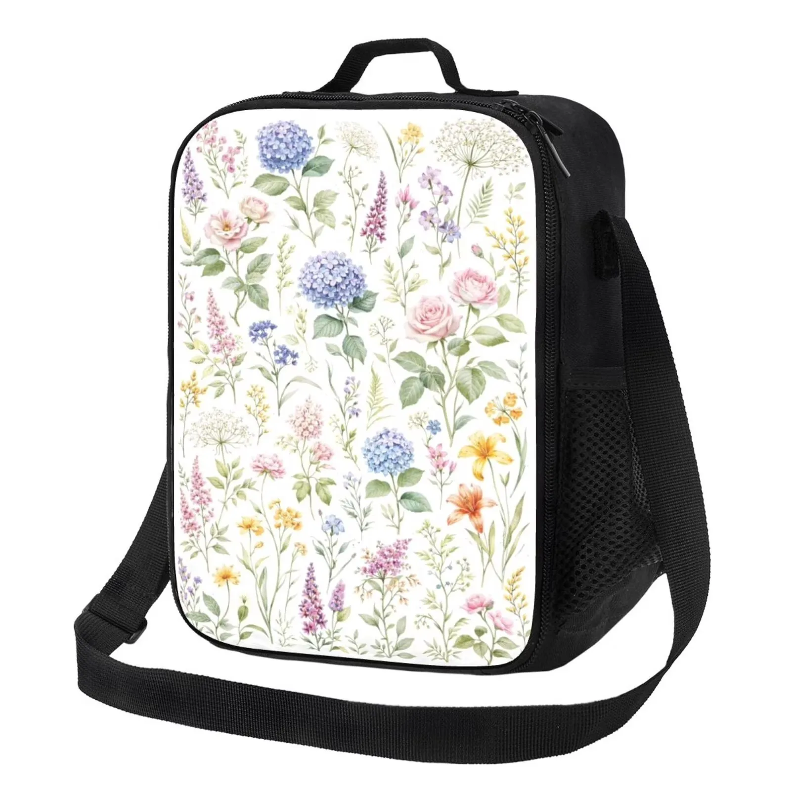 Botanical Floral Insulated Lunch Bag with Shoulder Strap Handle for Work Picnic