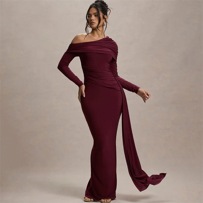 

Burgundy Women's Prom Dress Sexy Off Shoulder Full Sleeves With Train Slim Fit Formal Birthday Long Party Gown Skirt Robes