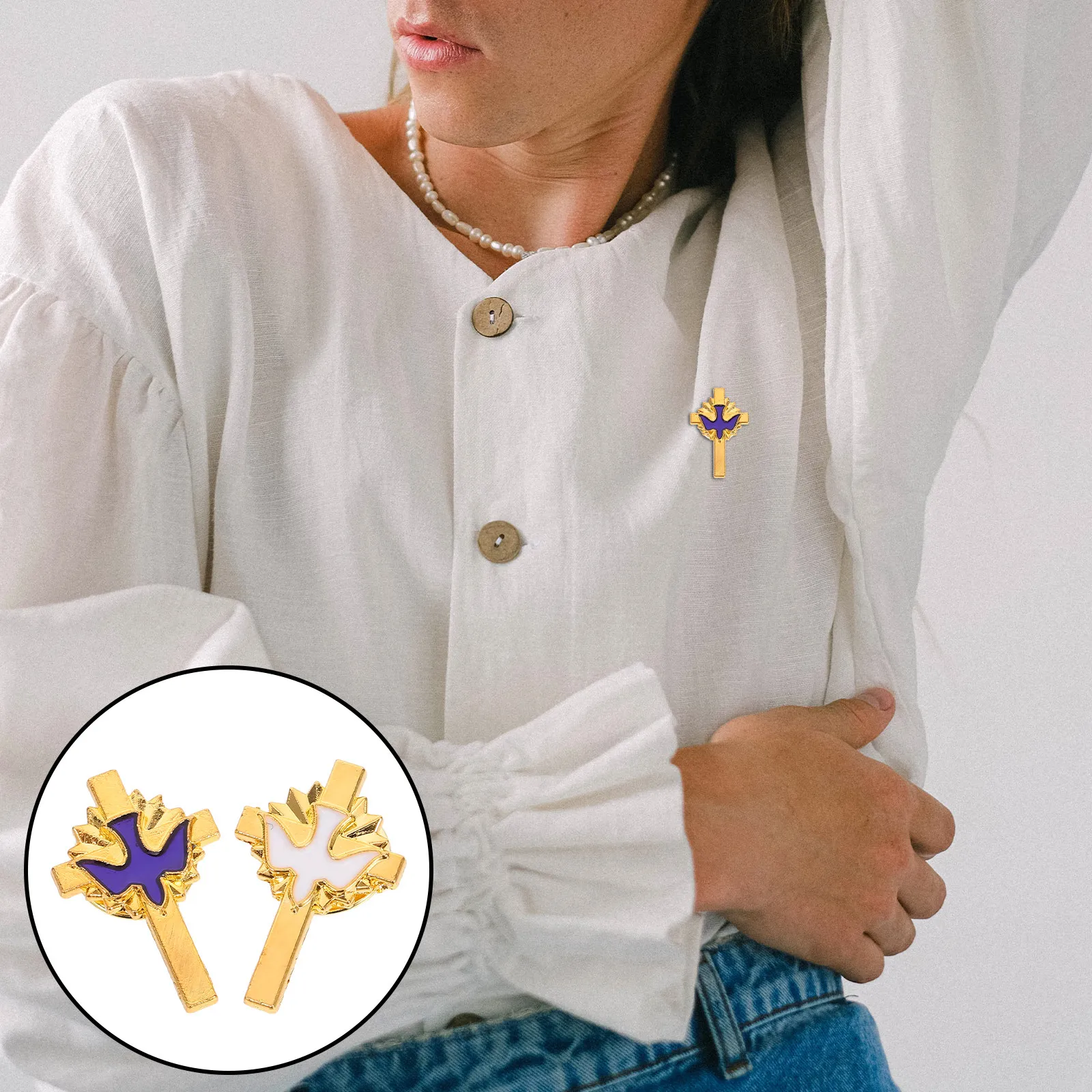 2Pcs Peace Dove Cross Brooch Lapel Pins Religious Badge First Communion Baptism Party Supplies Vintage Christian Pin for Women