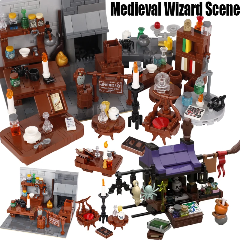 MOC Medieval Wizard Scene Building Blocks Street View Wizardry Shop Laboratory Skeleton Parrot Spider Tool Weapon Bricks Toy Boy