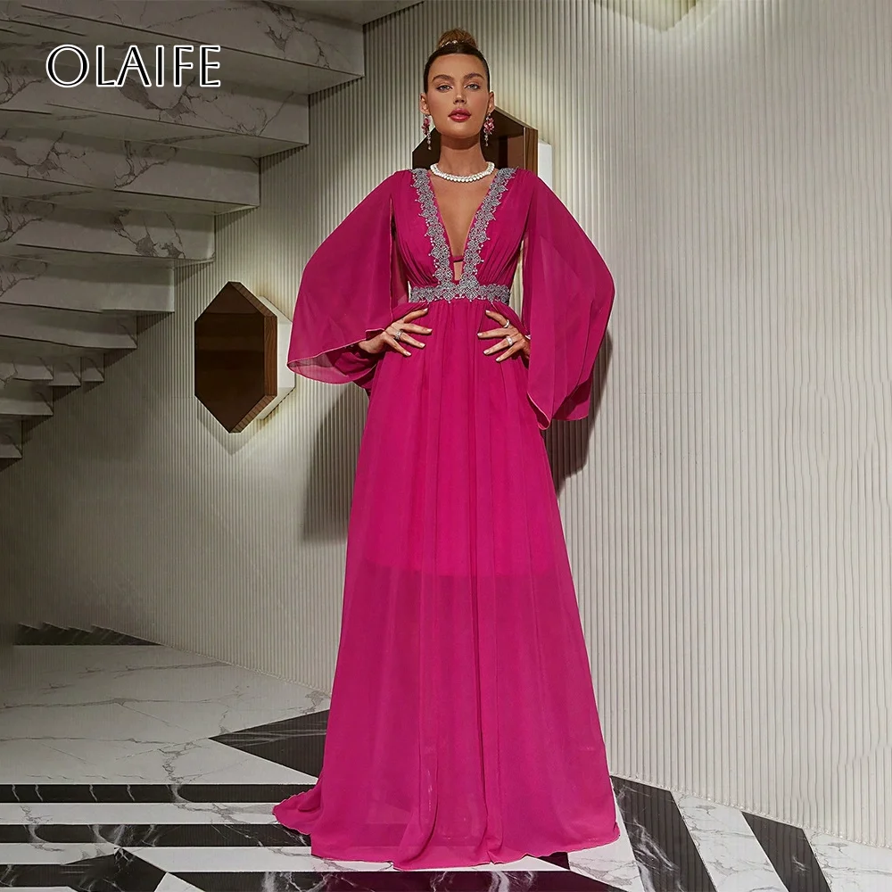 

Puffy Long Sleeves A-line Chiffon Lace V-neck Evening Dresses Backless Customized vestidos de fiesta elegantes