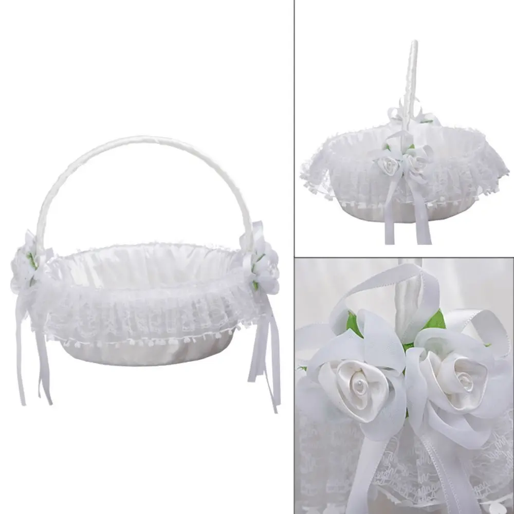الدانتيل الزفاف سلة للزهور زهرة الورد اللؤلؤ مقبض عقدة من الساتان Hanbag لوازم الزفاف الشريط القوس زهرة الفتيات سلة الزفاف