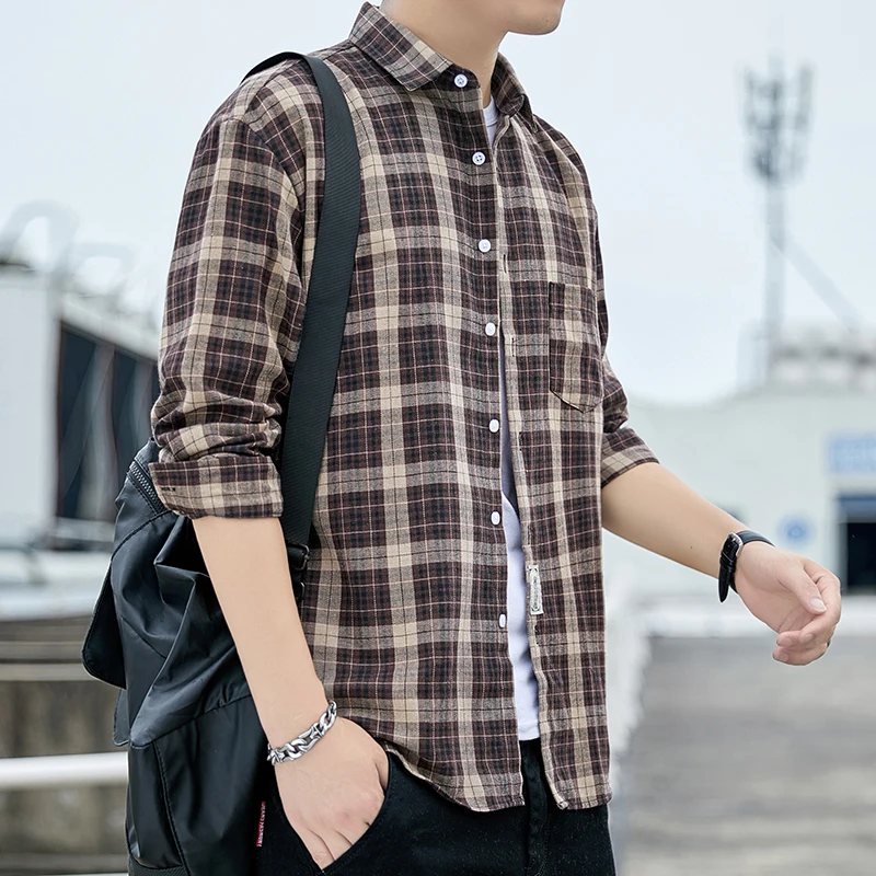 

2024 New Men's Plaid Shirt Men's Long-sleeved Hong Kong Style Teenage Students Handsome Shirt