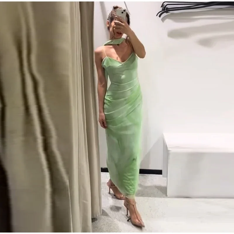 DSMTRC Female Sexy Backless Slim Sling Long Dresses Mujer Fashion Light Green Women Summer Romantic Scarf Decorated Tulle Dress