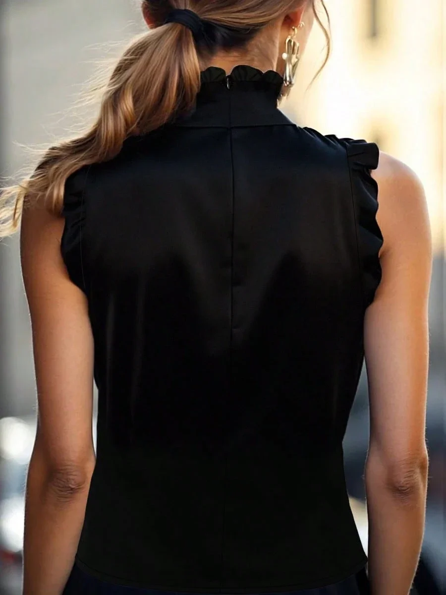 

Elegant Sleeveless High Neck Top With Ruffles For Women