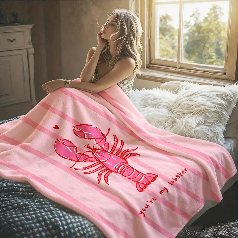 Lobster Love Pink Stripes Flannel Blanket Perfect for Sofa Office Bed Travel Sleep Read Relax Camping Four Season Use