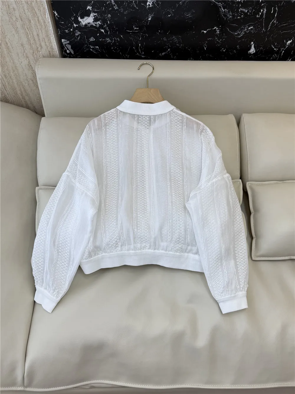 Women's White Ramie Cut-Out Embroidery Long-Sleeve Zip-Up Jacket