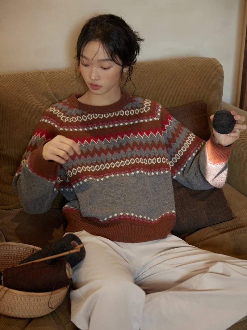 

Retro Nordic Sle round Ne Knitted Wool Sweater Thi Needle Embroidery Island Pattern Spring Autumn Winter Women's Loose Fit