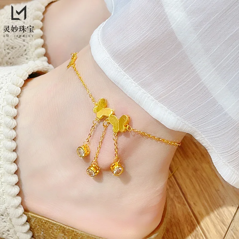 Lynge Jewelry The same 24K real gold dot diamond double butterfly tassel anklet hollowed-out blessing butterfly 9999 leg rings s