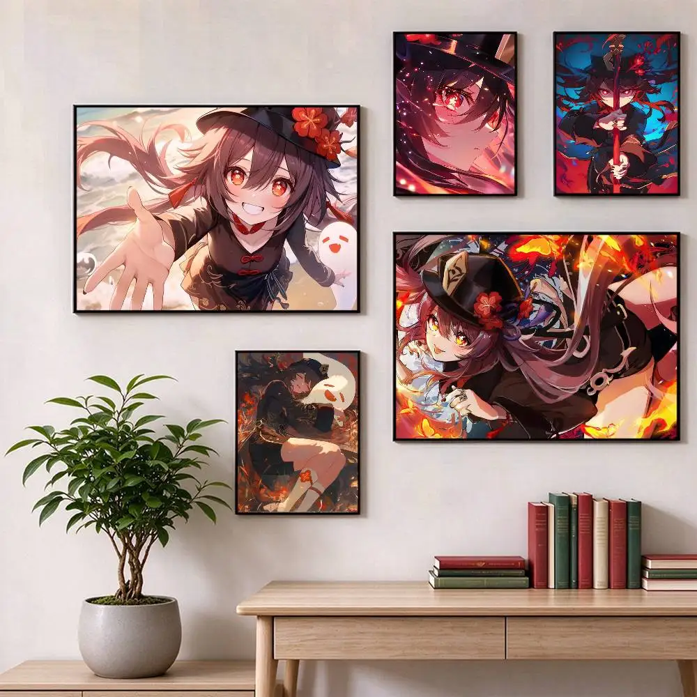 Genshin Impact Hu Tao  Poster Waterproof Wall Art Sticker For Bar Living Room Vintage Decor High Quality Print Gift