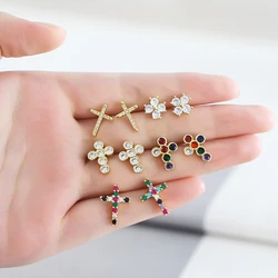 FLOLA Minimalist Crystal Cross Stud Earrings for Women Copper Gold Plated Cross Ear Studs Catholic Jewelry Gifts erst40