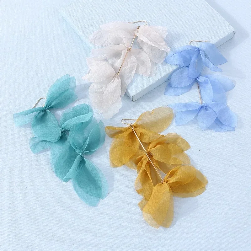 Bohemian Layered Petal Earings Elegant Lace Fabric Flower Handmade Jewelry Women Girls Bride Wedding Dangle Earrings Wholesale
