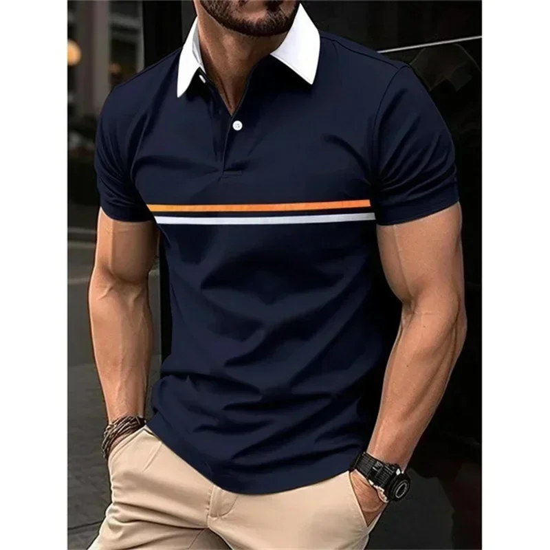 High quality men's fashion horizontal strip lapel POLO shirt button long sleeve comfortable high-end business casual sports polo