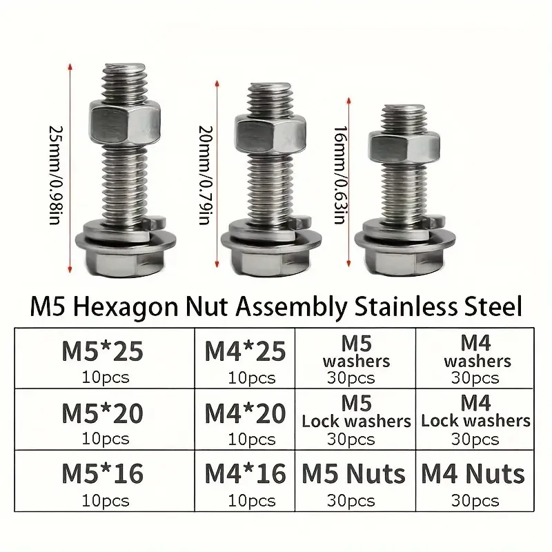 240pcs Stainless Steel Hex Bolt & Nut Set - Durable, Corrosion-Resistant with M4 & M5 Sizes for Versatile Use