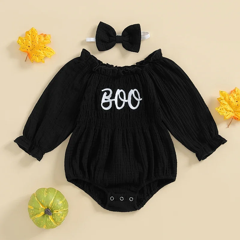 Lioraitiin Baby Girls Rompers Letter Print Boat Neck Long Sleeve Jumpsuits Halloween Clothes with Headband