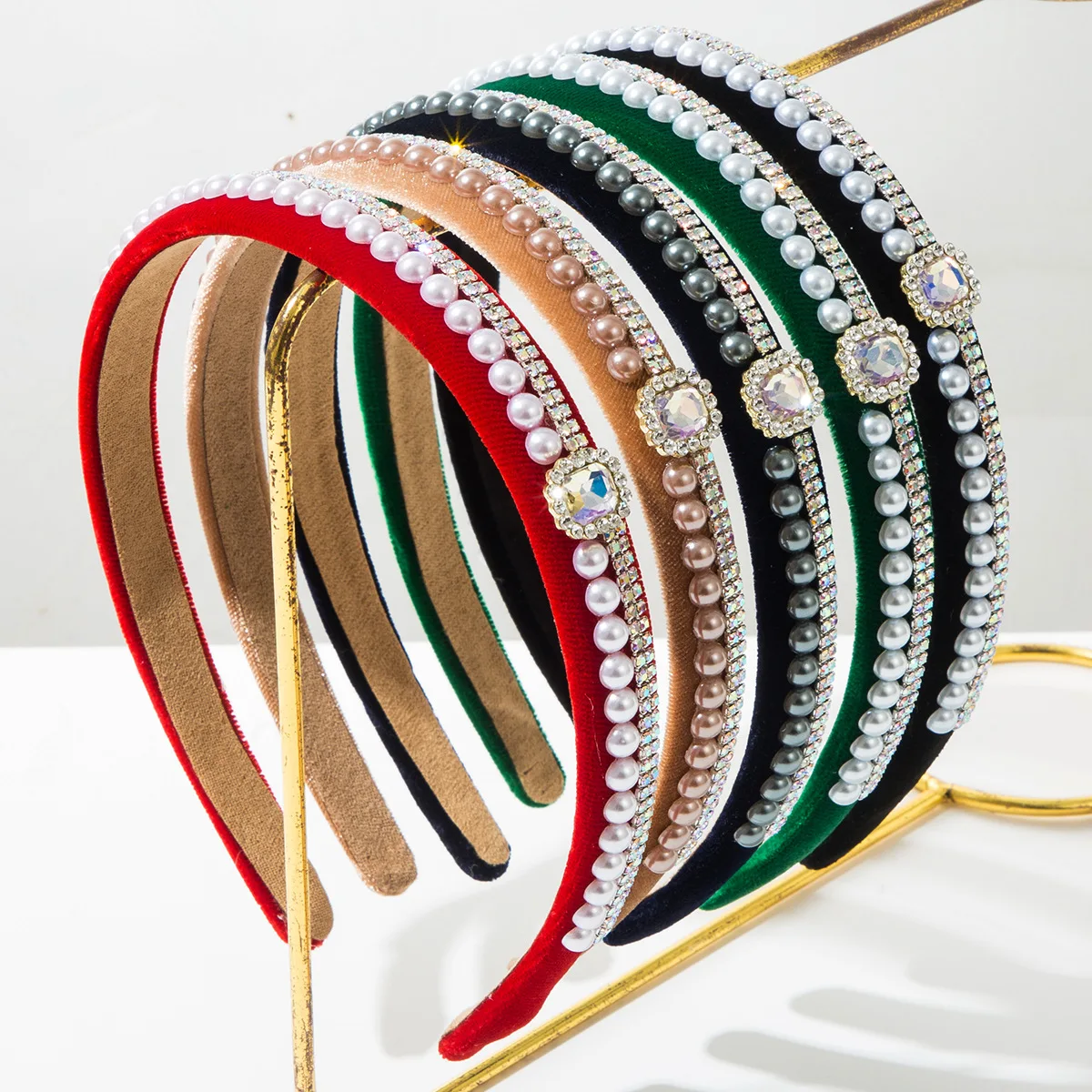 Black Velvet Headband Women Pearl Rhinestone Hair Band Luxury Vintage Thin Hoop Elegant Daily Wear Hair Accessories Jewelry Gift