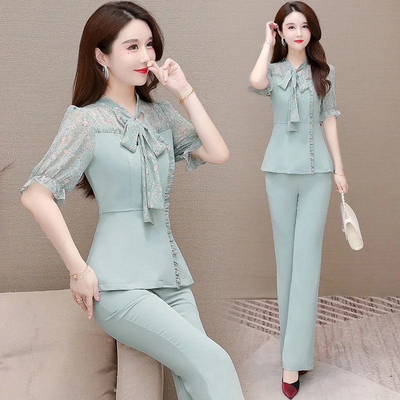 Women's Two Piece Set Summer Spring 2022 New Slim And Temperament Korean Style Clothes Fashion Top Wide Leg Pants Suit For Women