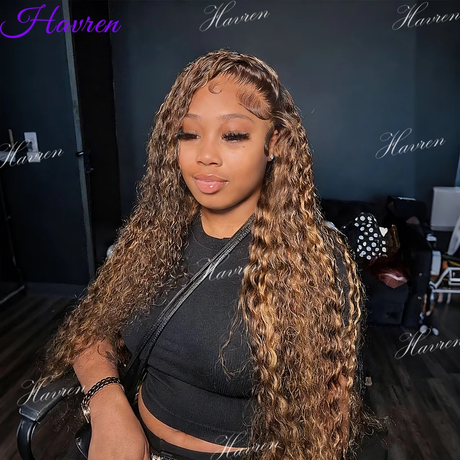 مجعد 13x6 موجة عميقة الباروكات أومبير تسليط الضوء على موجة المياه الدانتيل أمامي باروكة من شعر طبيعي 1B/30 أسود براون 13x4 الدانتيل الجبهة الباروكات الملونة #1