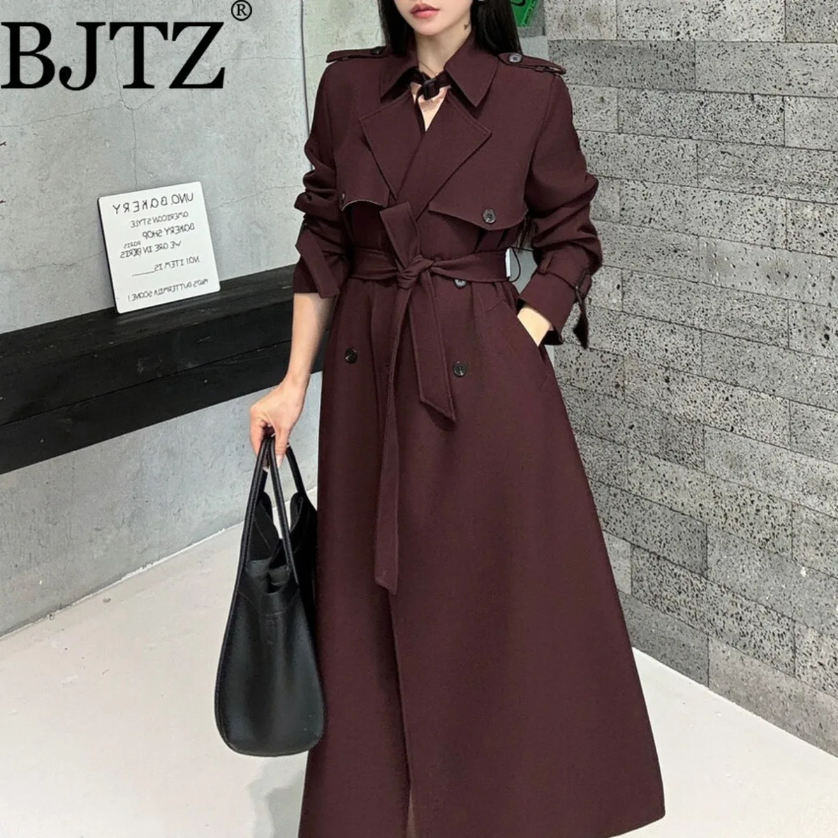 

BJTZ Роскошный осенний женский длинный плащ 2025 года с поясом на талии и зубчатым воротником, приталенная замшевая офисная верхняя одежда, куртка